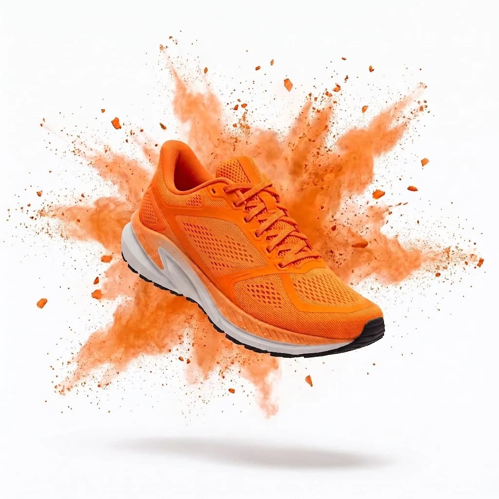 Orange running shoe floating in a burst of powder