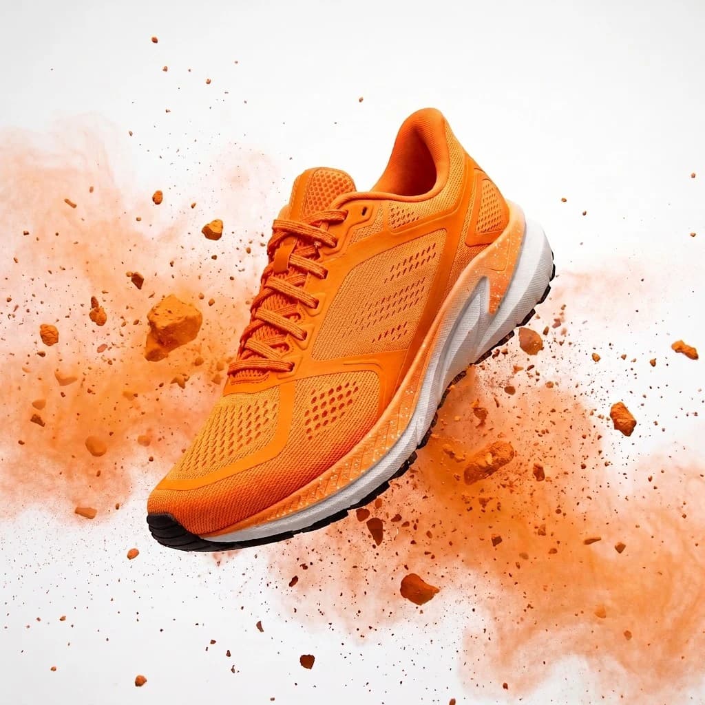 Orange running shoe tilted through powder and rock