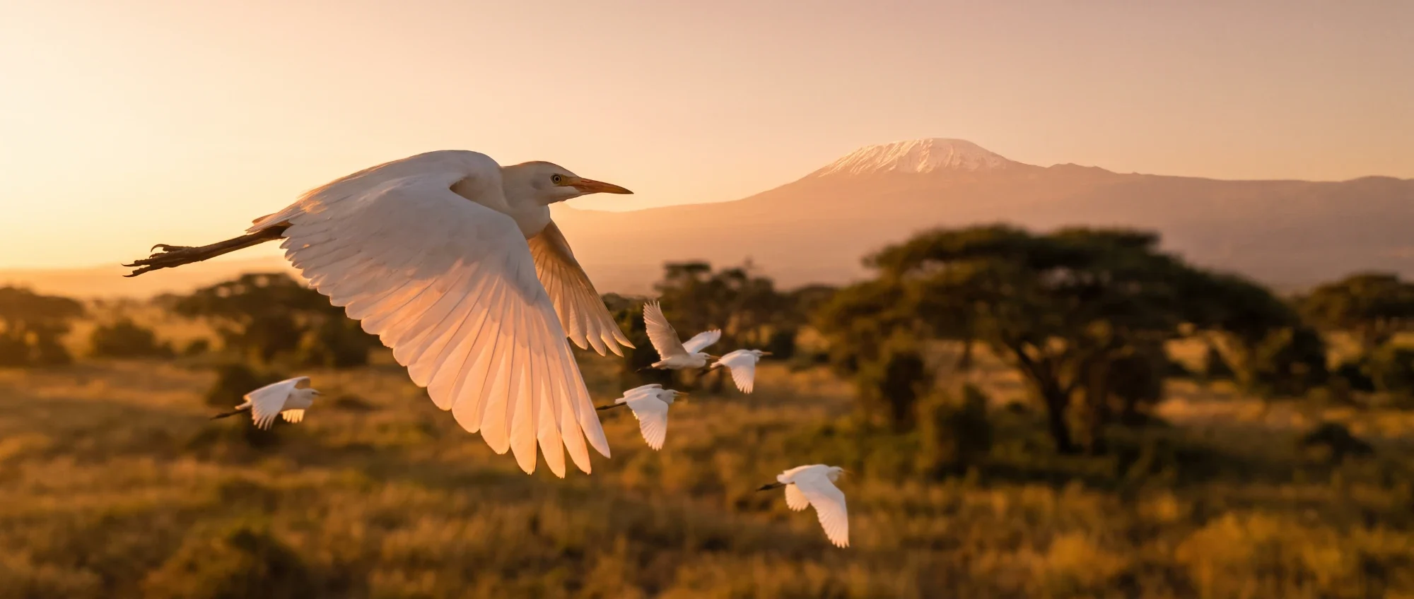 Egrets in flight at sunrise