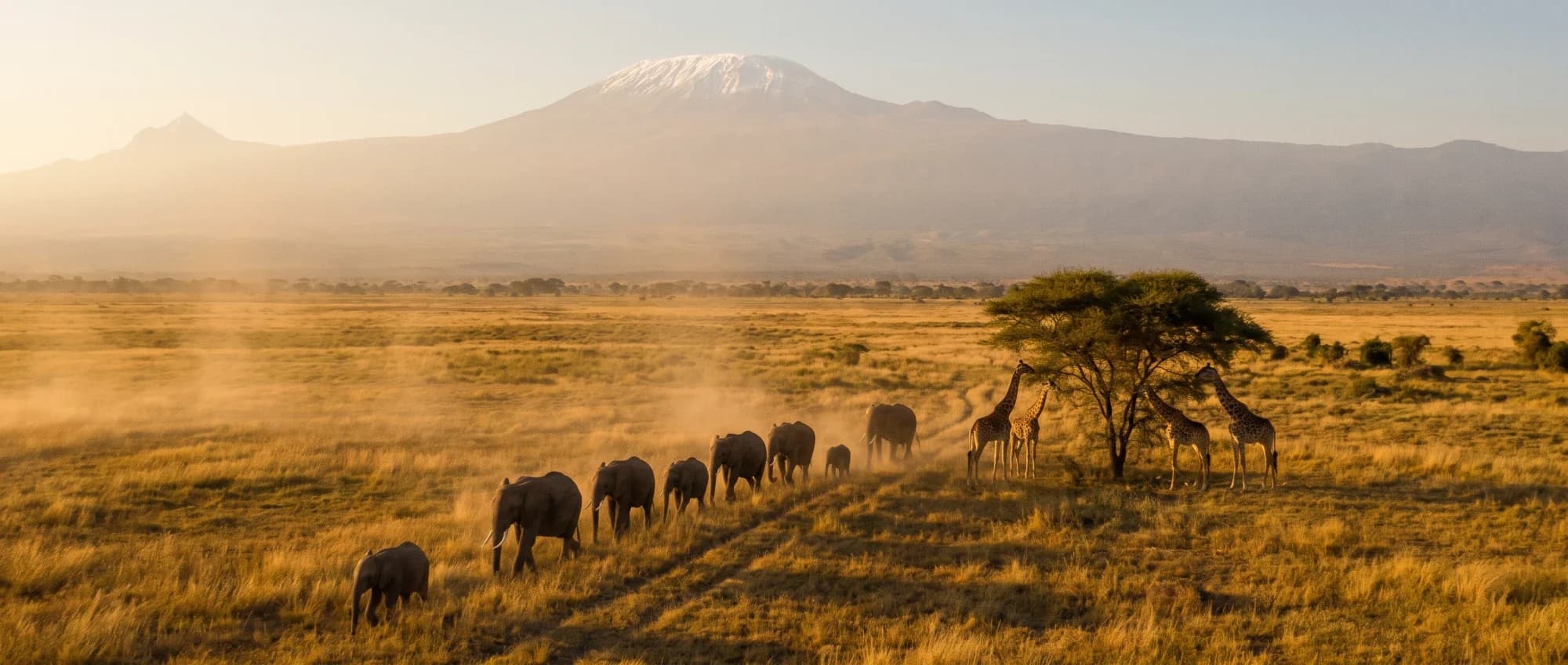 Elephants and giraffes below a snow-capped mountain
