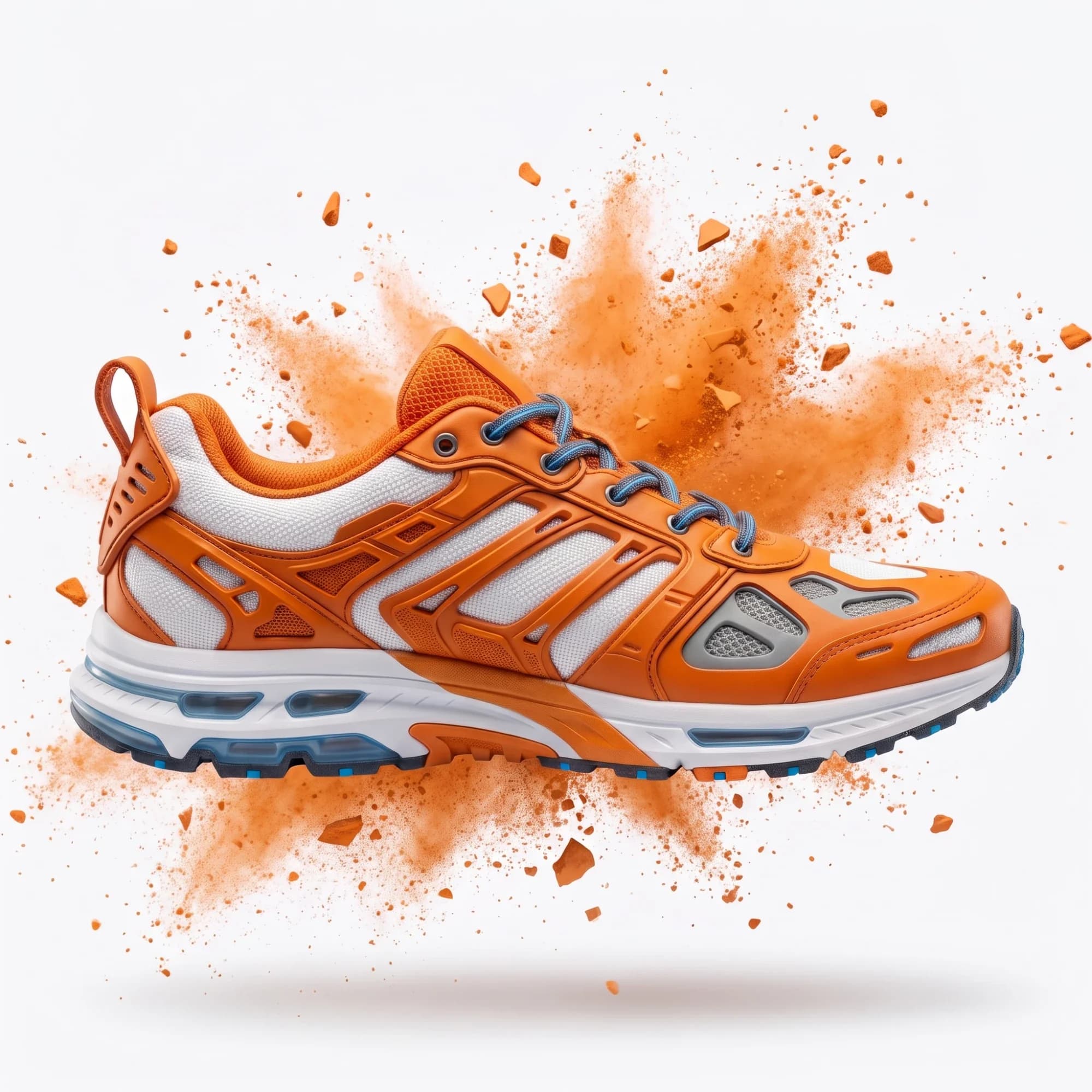 Running shoe in a burst of orange powder