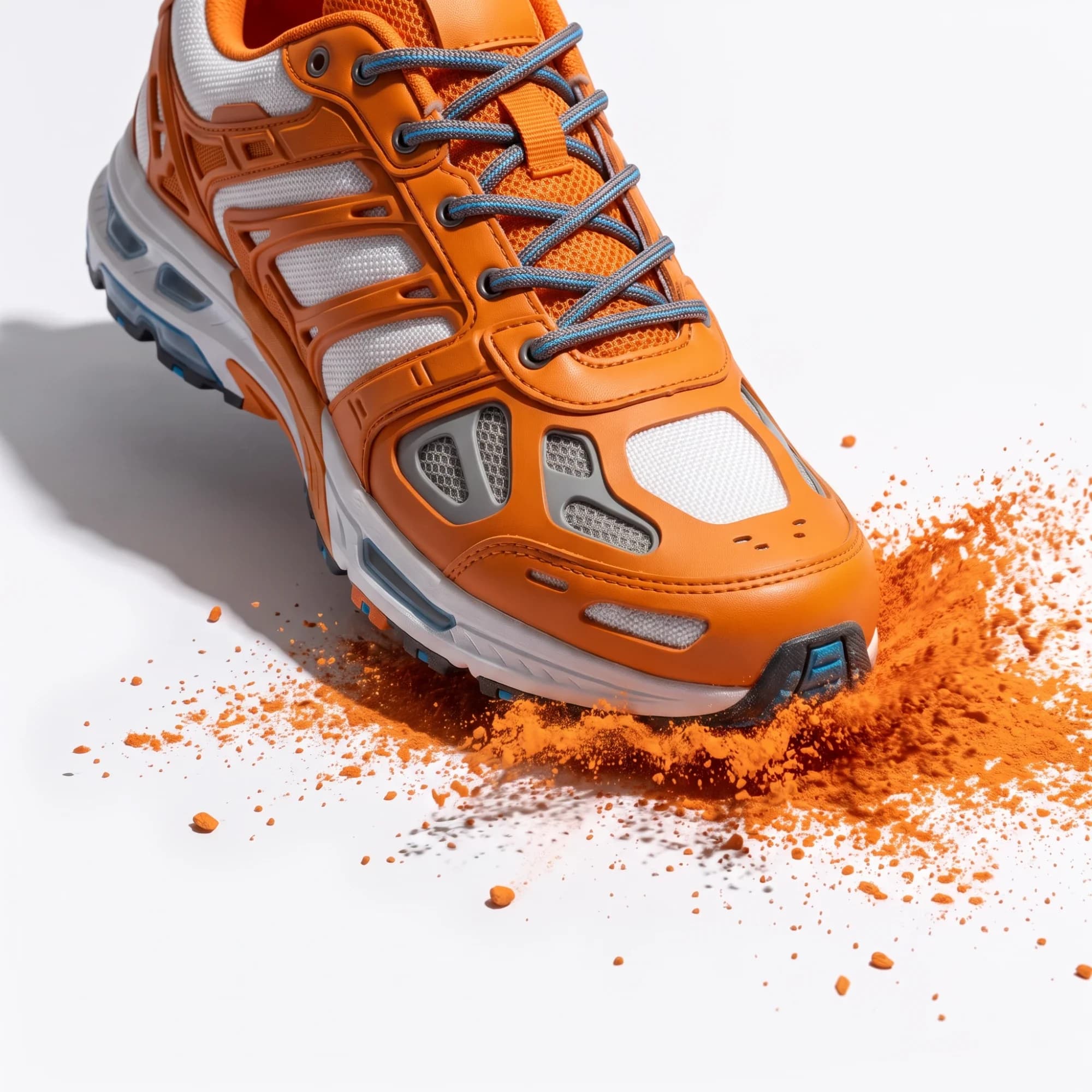 Running shoe striking a pile of orange powder